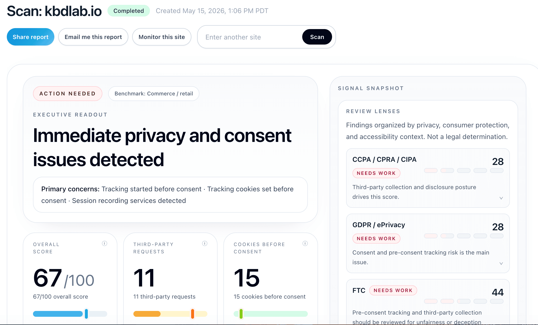 CertScore.ai report executive summary showing score, cookies before consent, third-party requests, and review lenses.