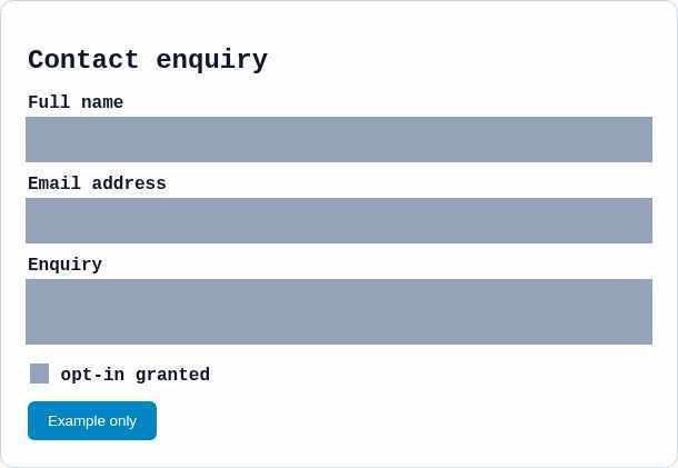 Verified Contact enquiry form crop showing Full name, Email address, Enquiry and opt-in labels, with controls masked.