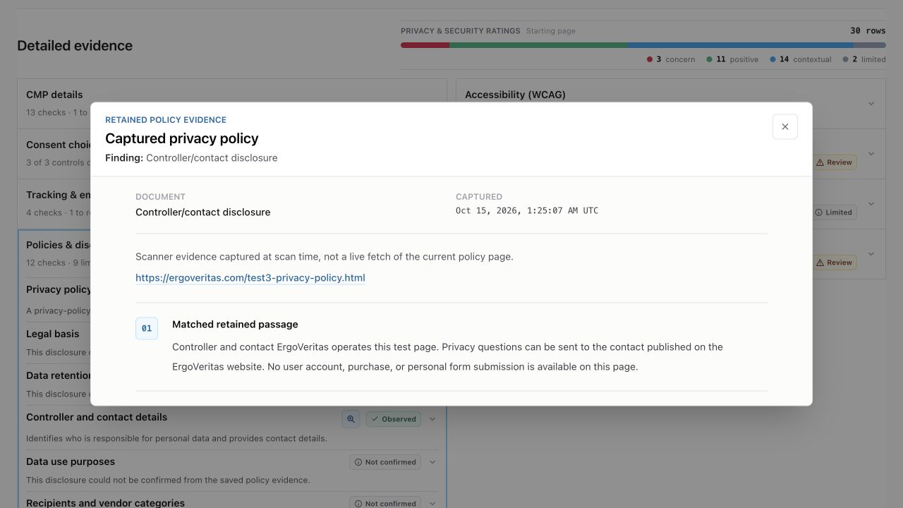 Captured privacy policy viewer showing the retained controller/contact passage, source URL and October 15, 2026 capture time from an ErgoVeritas test report.